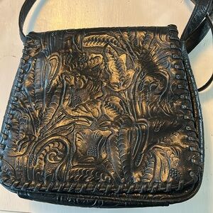 Charter Club hand tooled leather shoulder bag, black.